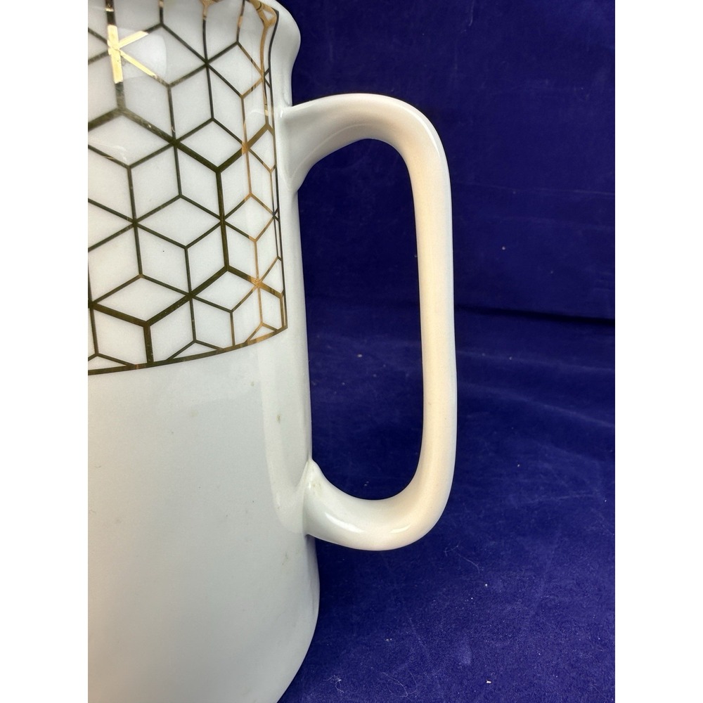 Grace's White with Metallic Gold Geometric Trim Porcelain Teapot Pitcher - Picture 8 of 13